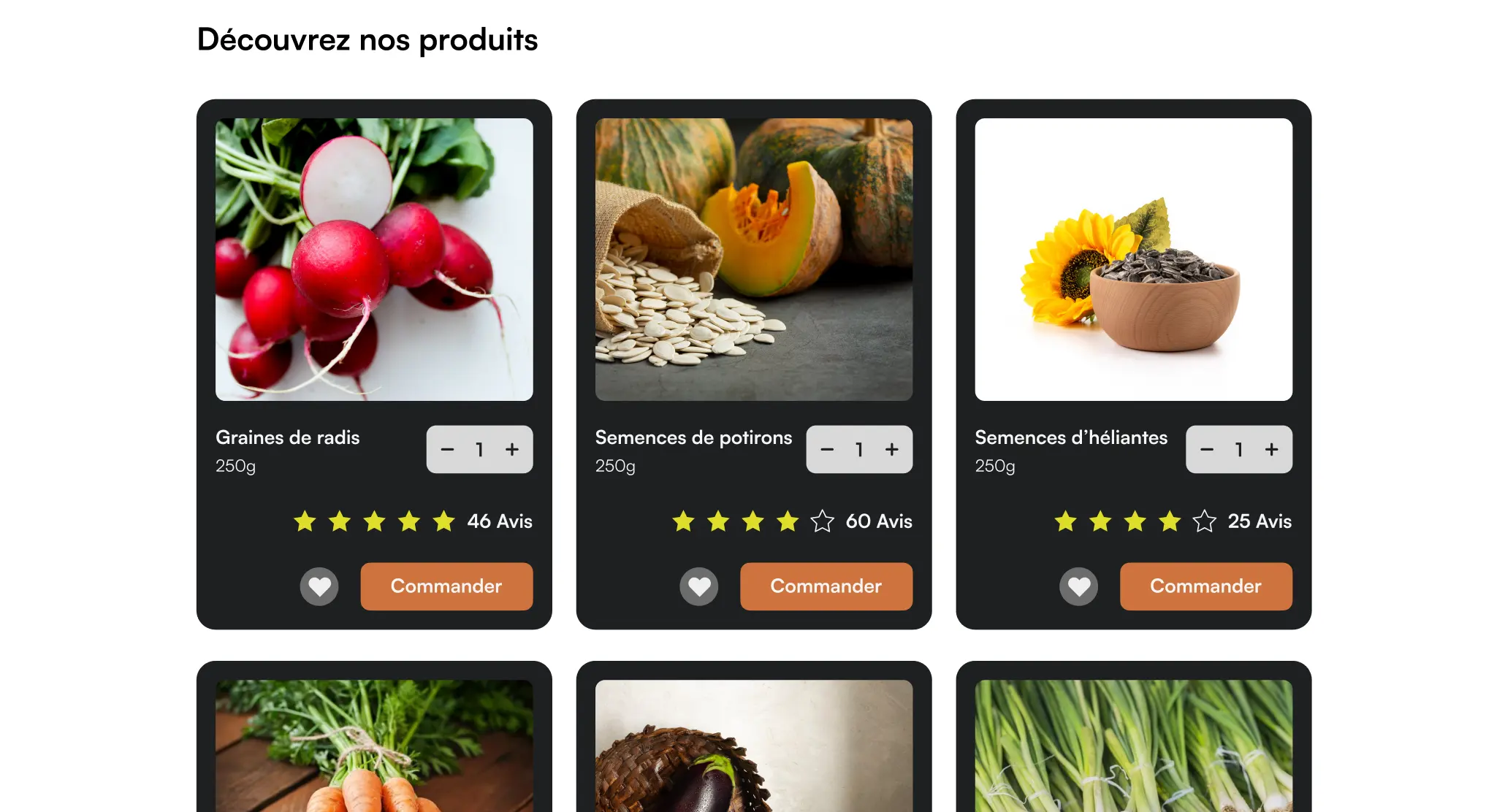 plusieurs cards disposé en grille montrant des graines de legumes