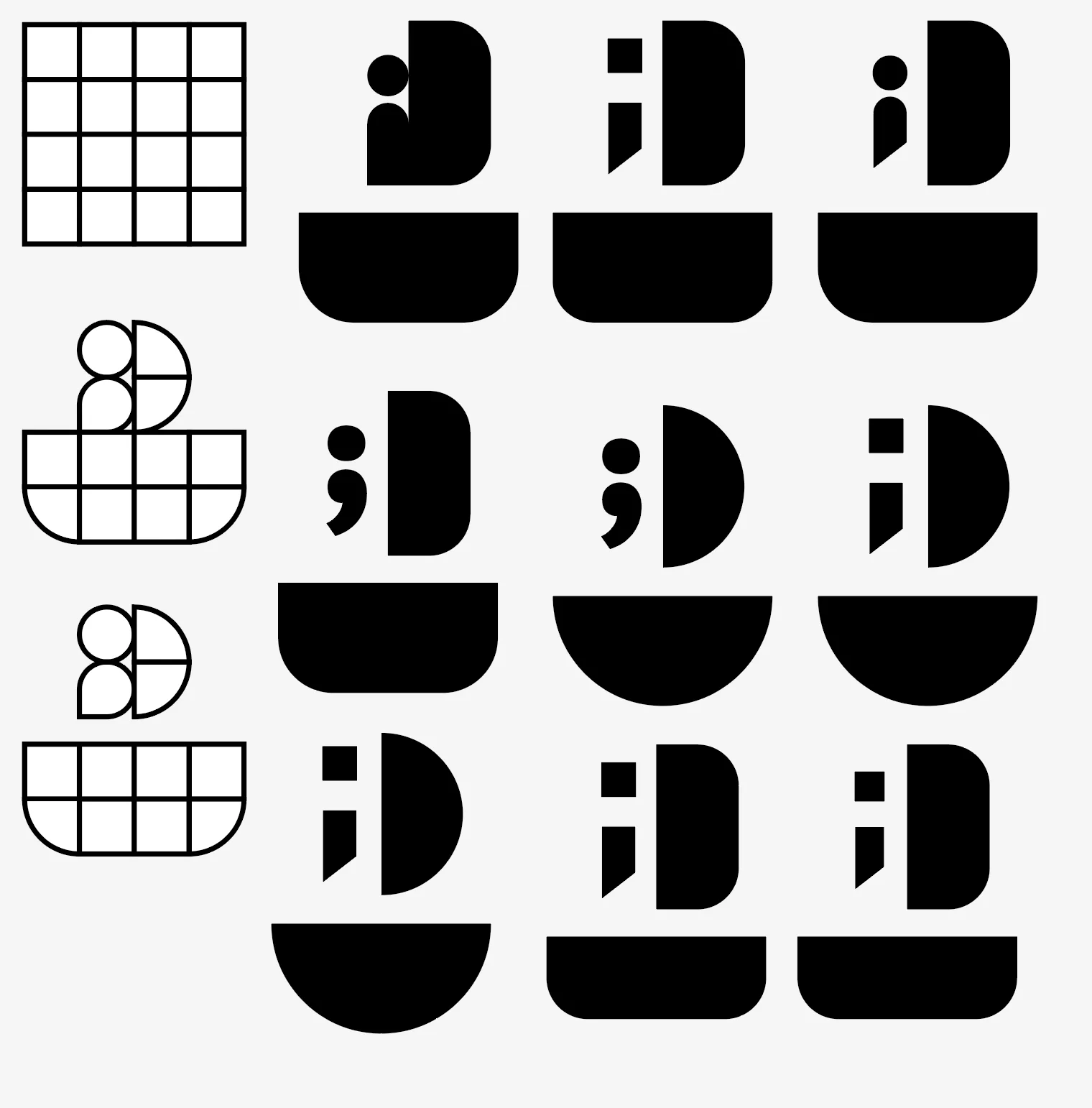 Image montrant plusieurs déclinaisons numériques en noir et blanc d'un logo géométrique, accompagnées de leurs grilles de construction sur la gauche.